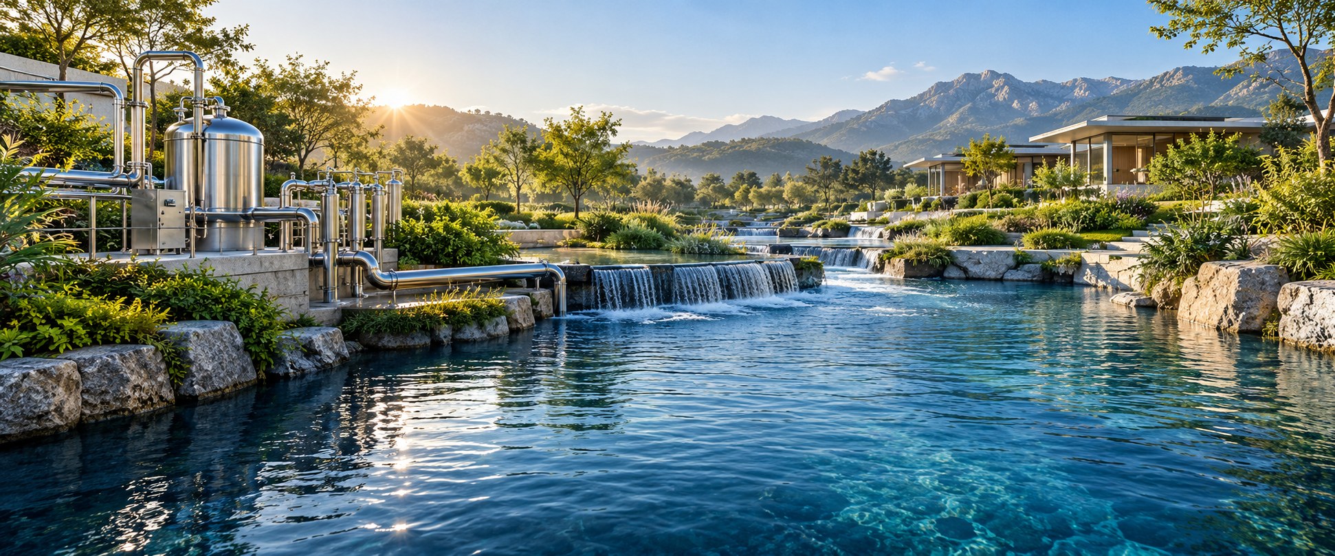 Water flowing through a landscaped water treatment environment